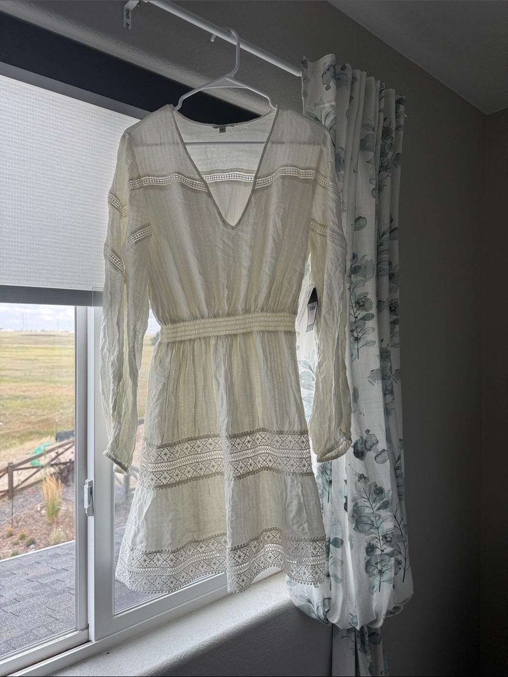 Guess Cream Lace-Trim Long Sleeve V-Neck Dress